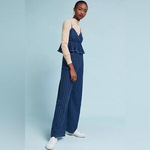 Anthropologie ett:twa Pinstripe Jumper Jumpsuit Size L Denim Ruffles Boho Chic